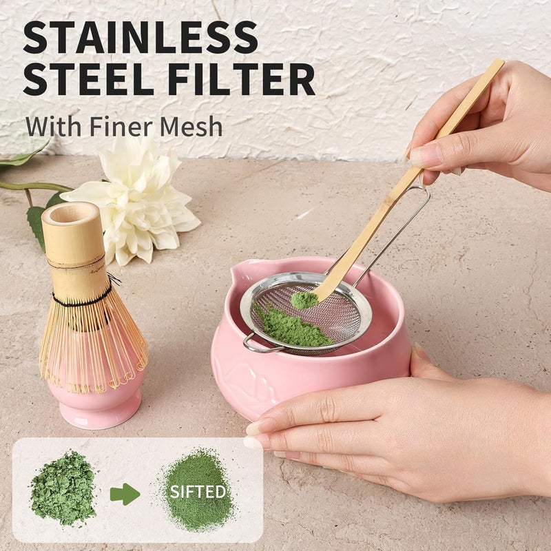 Evoio Matcha Whisk Set with Bowl, 8 Pcs Matcha Kit with Ceramic Holder, Scoop Holder, Sifter, Tea Towel, Greeting Card, Bamboo Whisk and Scoop, Pink Christmas Gift for Tea Lovers - Image 4